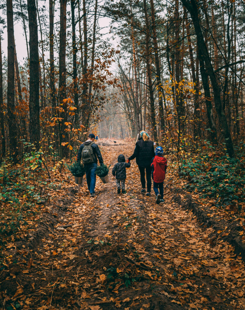 Family,Walking,Through,The,Forest,With,Two,Kids